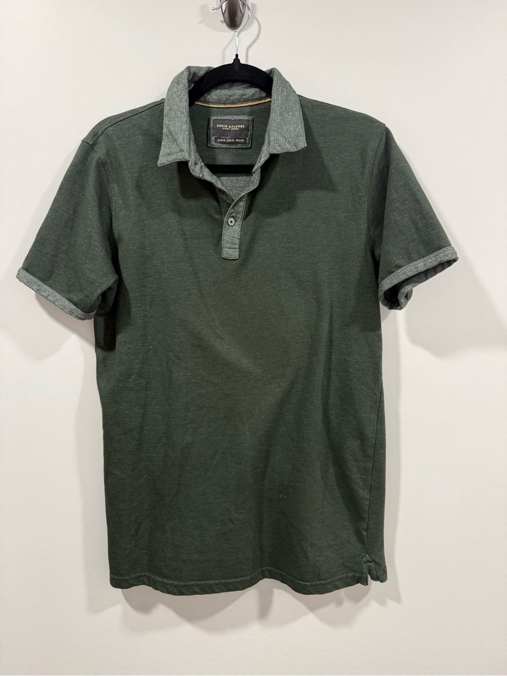 Men's Green Denim and Flower Polo Shirt with Contrast Collar Size M